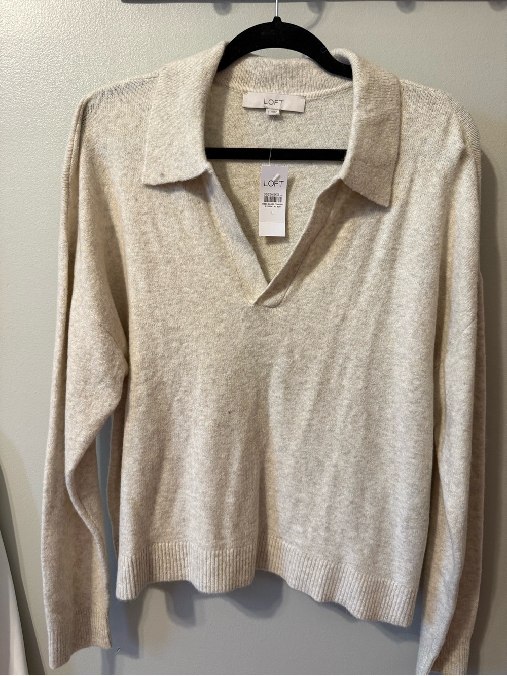 LOFT Neutral Cream Collared V-Neck Sweater